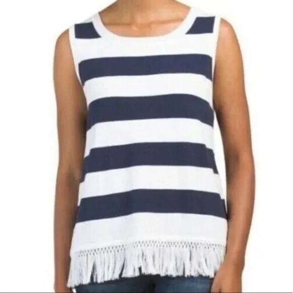 Sail to Sable Tops - Sail to Sable Hydna Fringe Trim Striped Sweater Tank Top White Blue XS